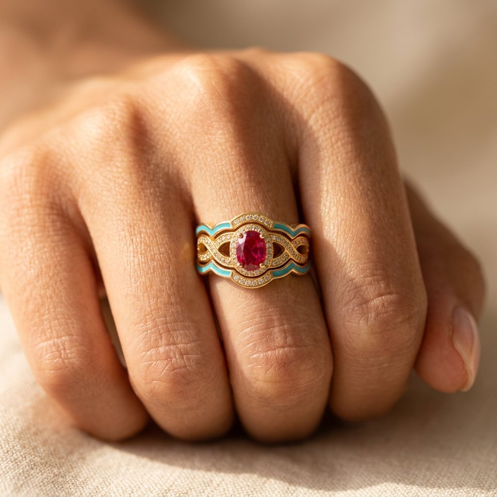 Gold Turquoise Inlay Oval Ruby Ring