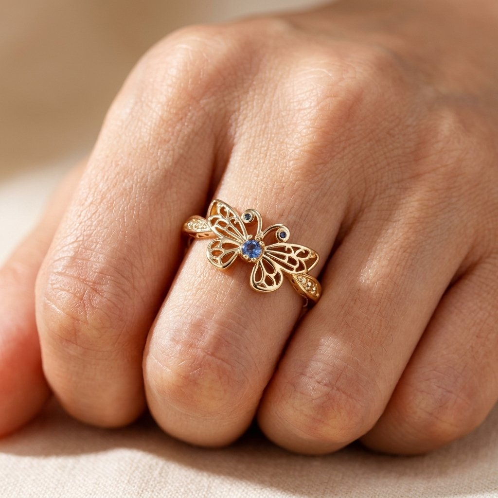 Vintage Gold Filigree Butterfly Blue Sapphire Ring