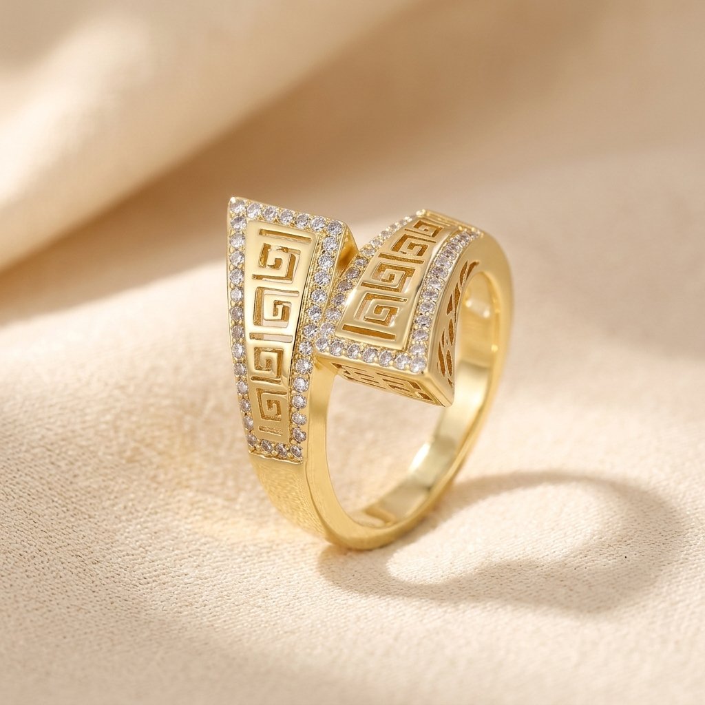 Greek Key Gold Pavé Diamond Open Ring