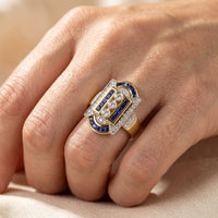 Art Deco Gold Sapphire Diamond Rectangular Ring