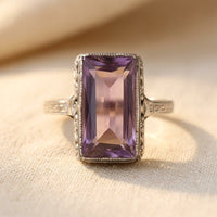 Vintage Silver Amethyst Rectangle Filigree Ring