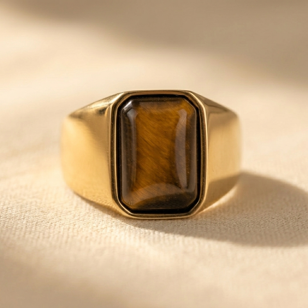 Gold Tiger Eye Stone Rectangular Signet Ring