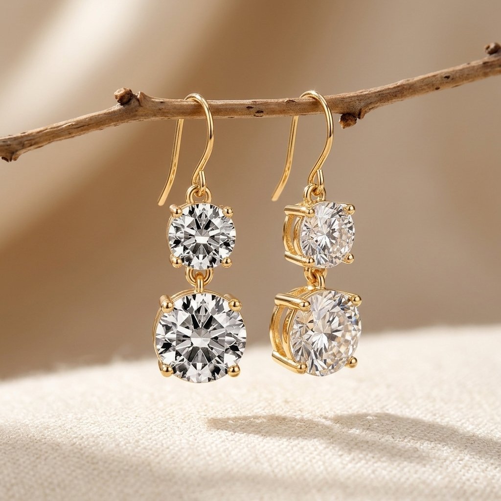 Gold Round Cubic Zirconia Drop Earrings