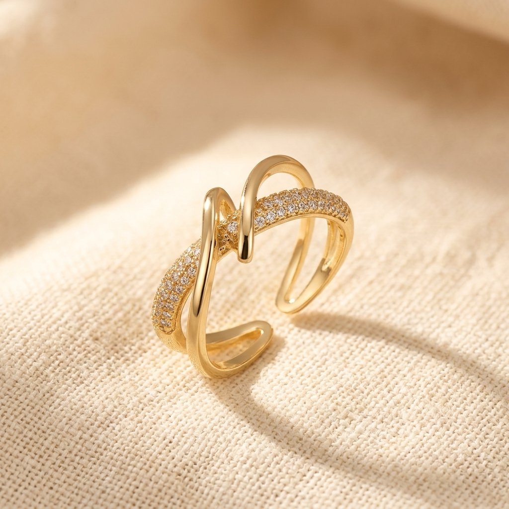 Crossover Gold Pavé Cubic Zirconia Open Ring