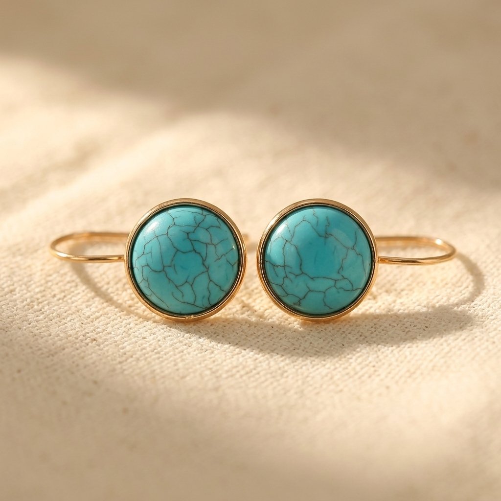 Gold Turquoise Crackle Round Earrings