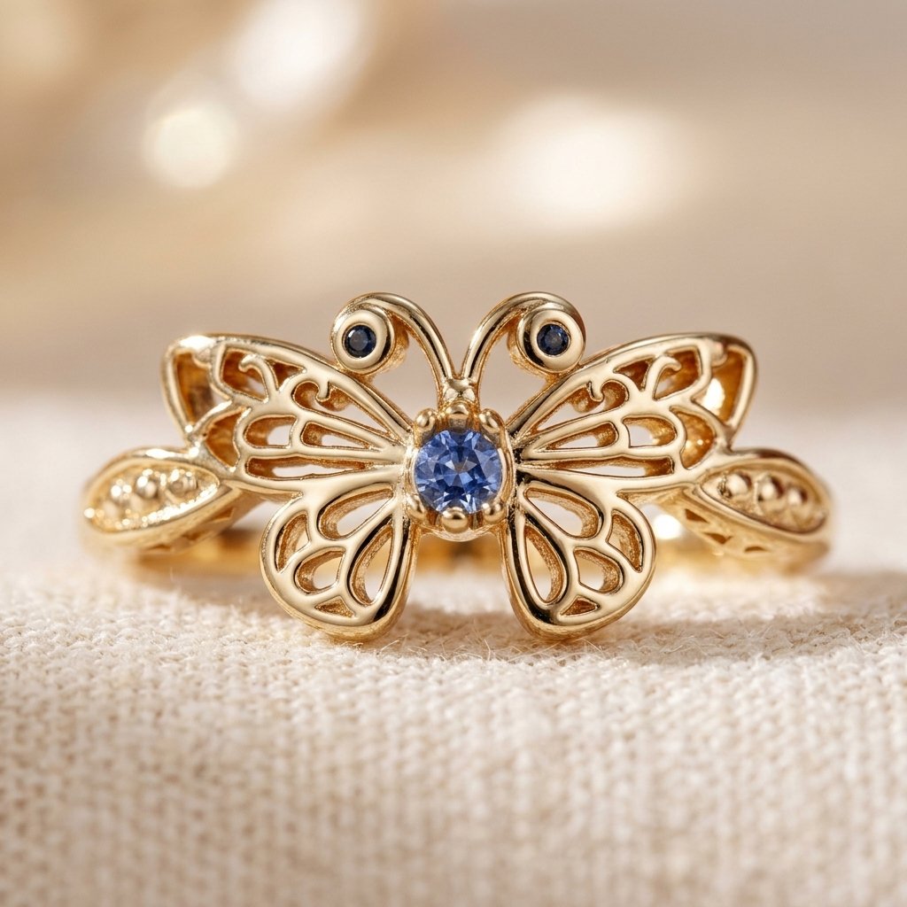 Vintage Gold Filigree Butterfly Blue Sapphire Ring