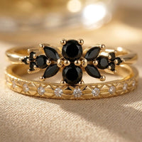 Gold Black Flower Petal Stackable Ring Set