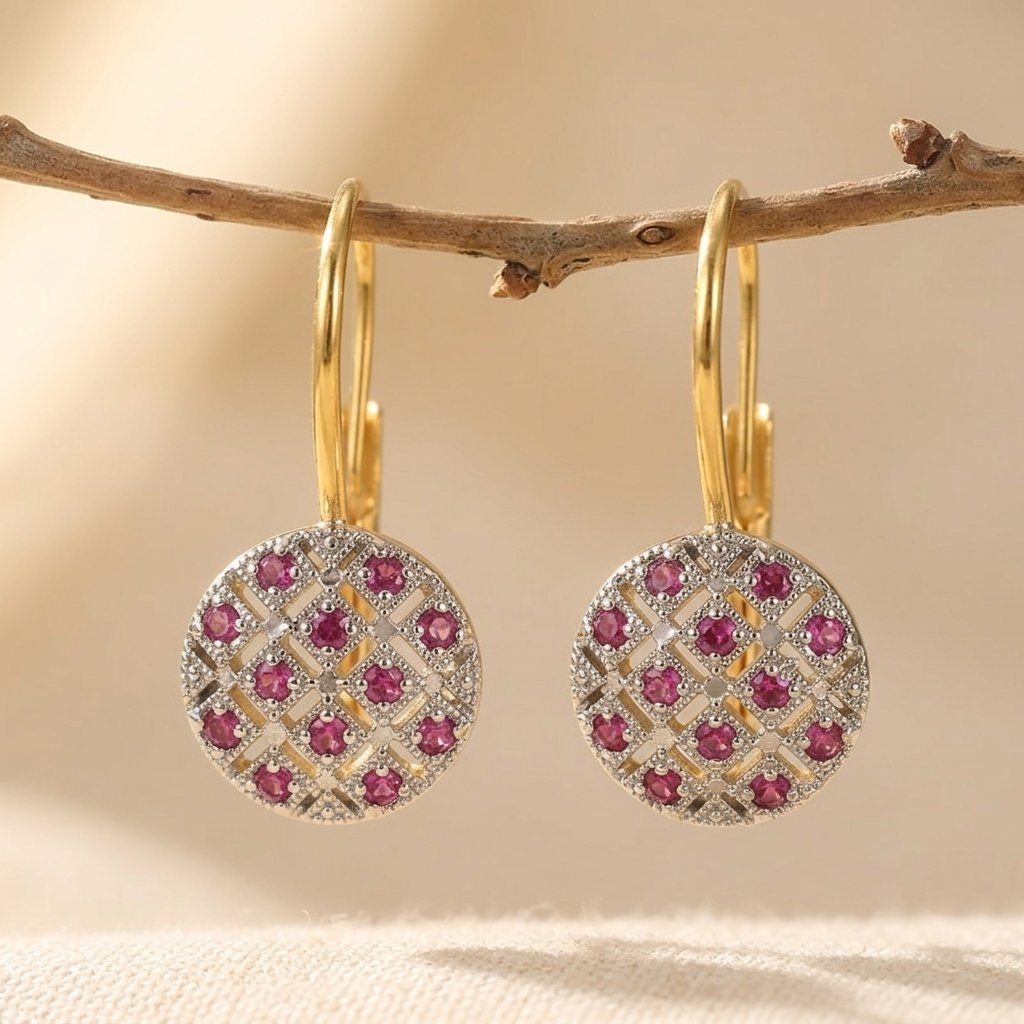 Vintage Gold Ruby Inlay Round Earrings