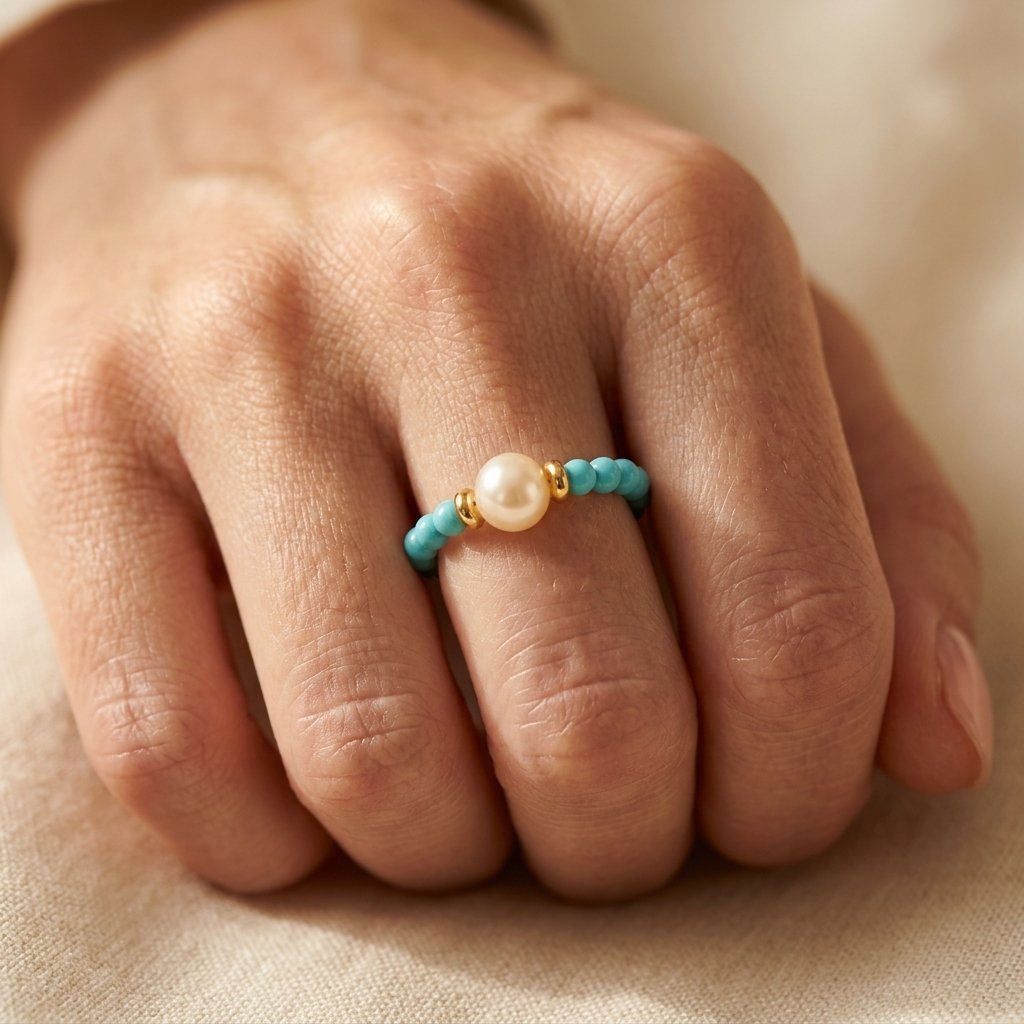 Vintage Gold Turquoise Pearl Beaded Ring