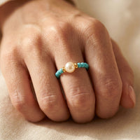 Vintage Gold Turquoise Pearl Beaded Ring