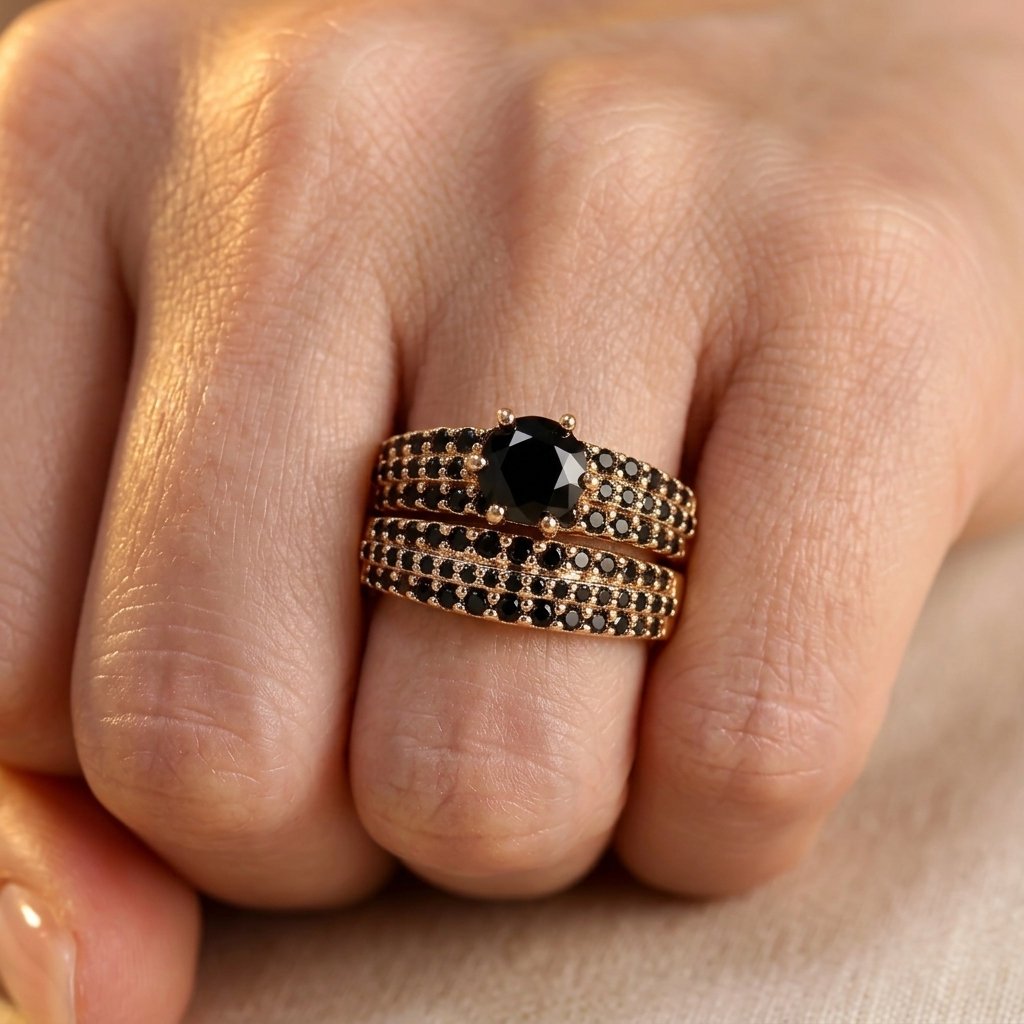 Gold Black Cubic Zirconia Claw Ring Set