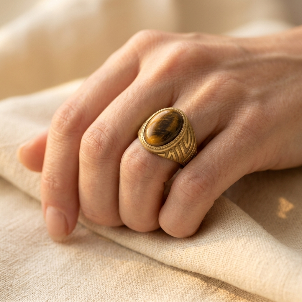 Gold Tiger Eye Stone Oval Signet Ring