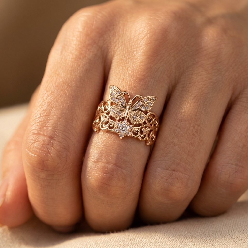 Vintage Gold Filigree Butterfly Zirconia Ring
