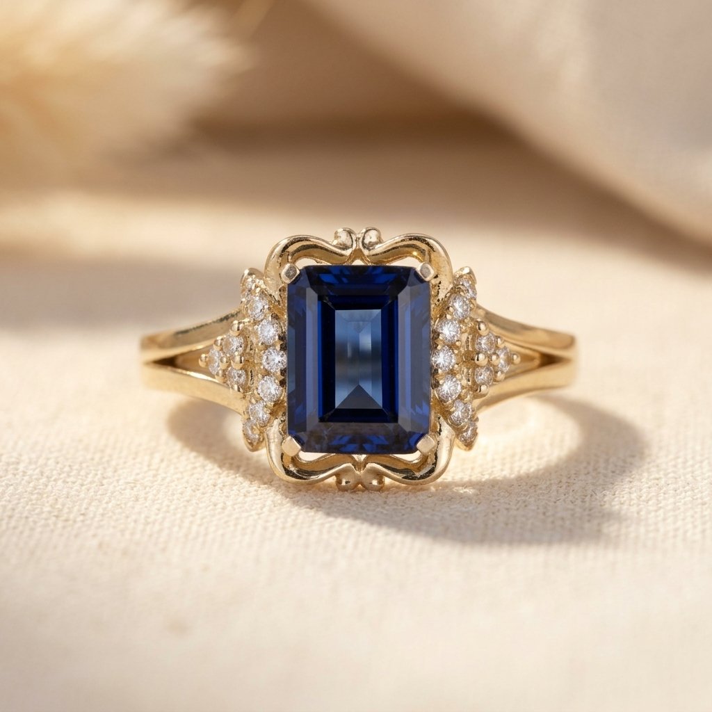 Vintage Gold Sapphire Emerald Cut Filigree Ring