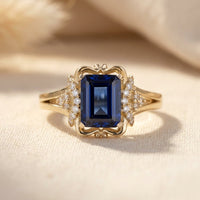 Vintage Gold Sapphire Emerald Cut Filigree Ring