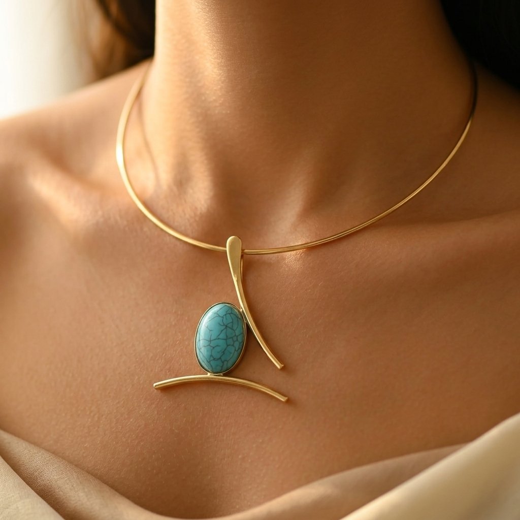 Boho Gold Turquoise Oval Pendant Necklace