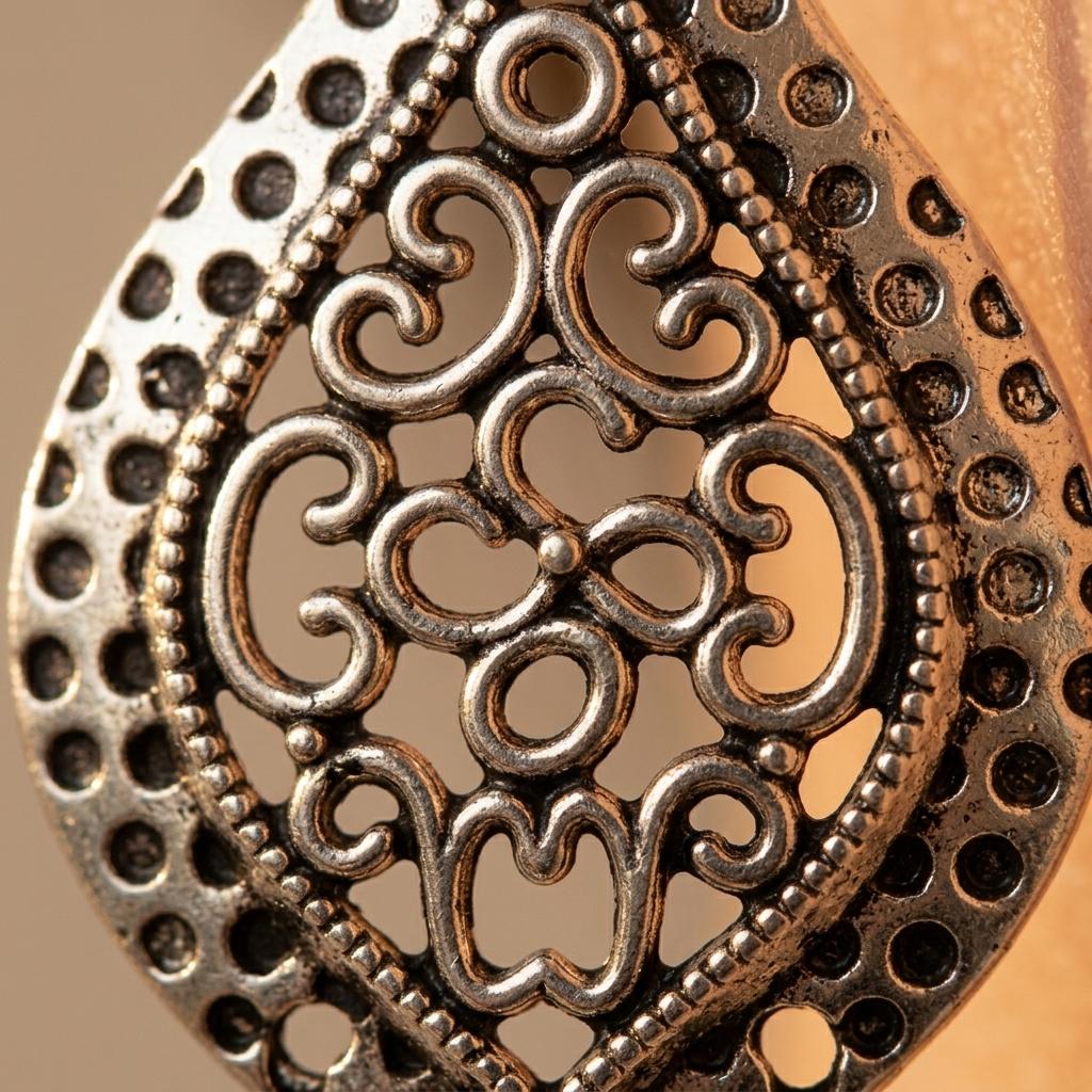 Antique Silver Dotted Openwork Teardrop Earrings