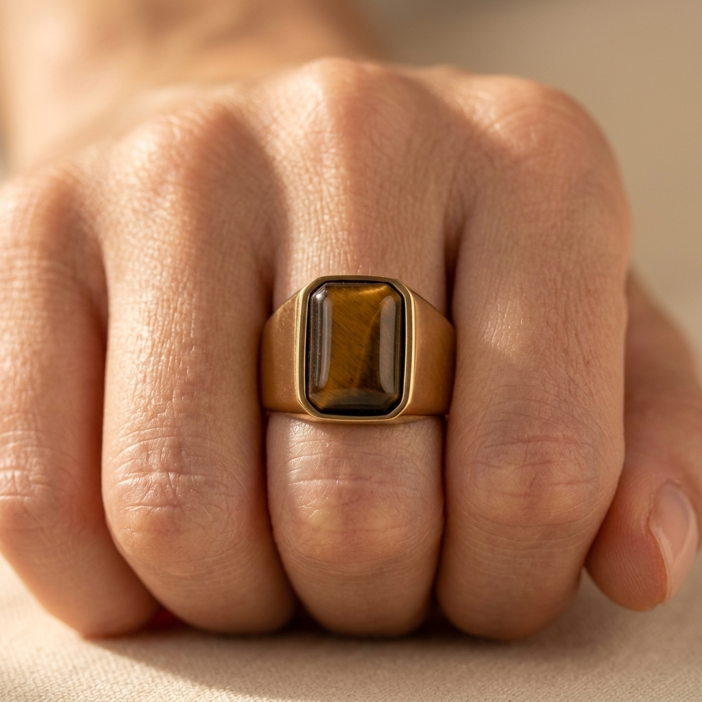 Gold Tiger Eye Stone Rectangular Signet Ring