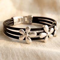 Silver Flower Charm Black Leather Bracelet