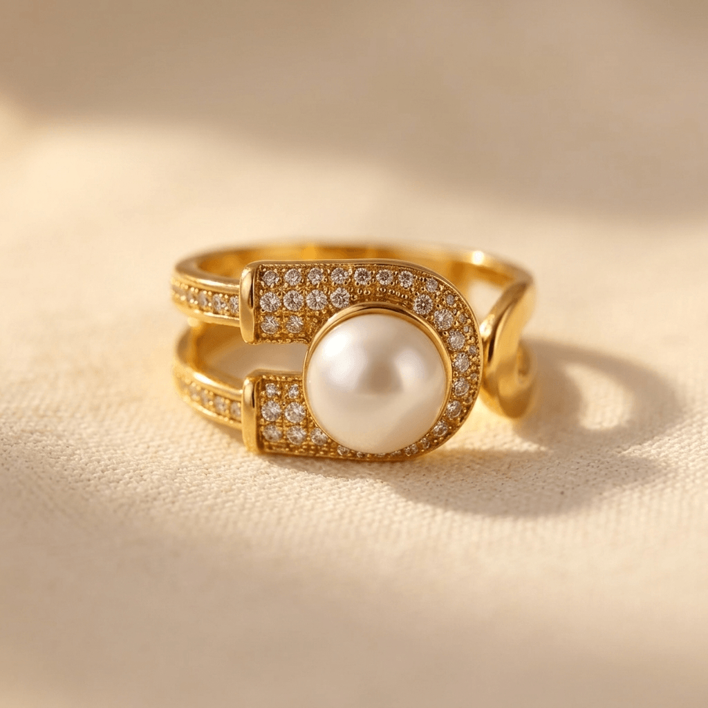 Gold Pearl Zirconia U Shaped Ring
