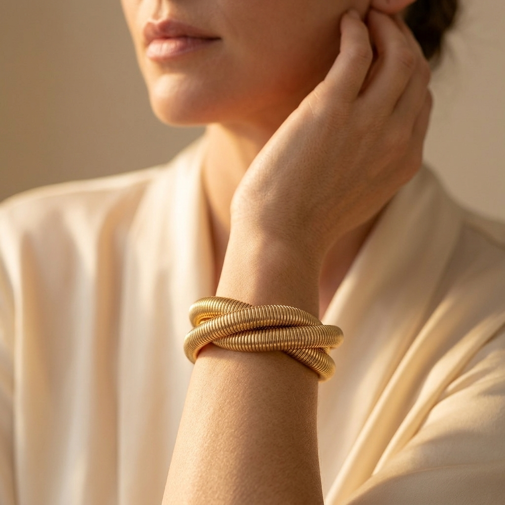 Gold Ribbed Stackable Layered Bracelet