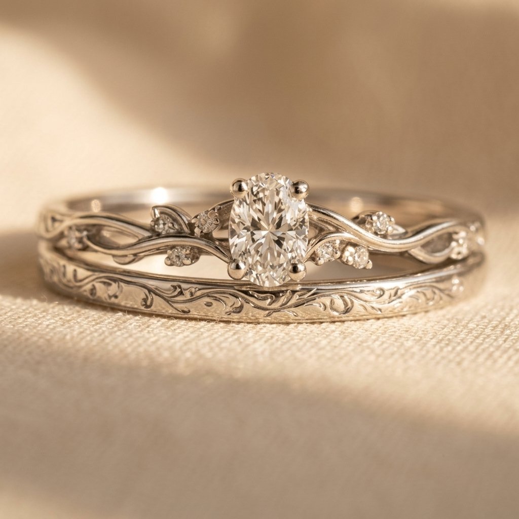 Vintage White Gold Filigree Oval Ring Set