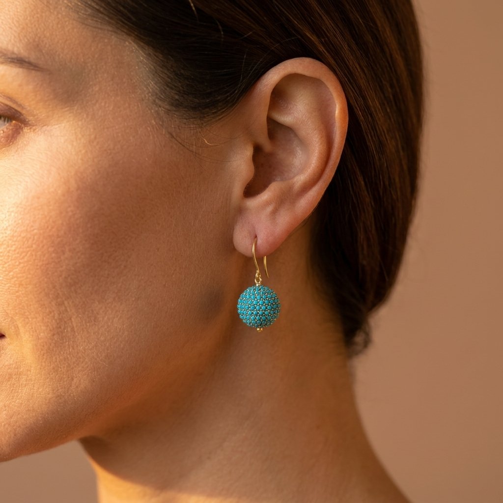 Gold Turquoise Beaded Sphere Drop Earrings