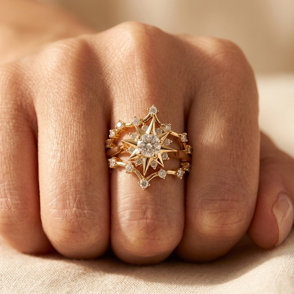 Gold Round Cubic Zirconia Starburst Ring