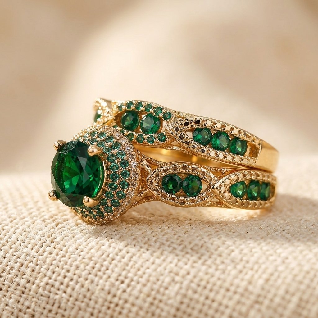 Gold Plated Emerald Filigree Ring Set