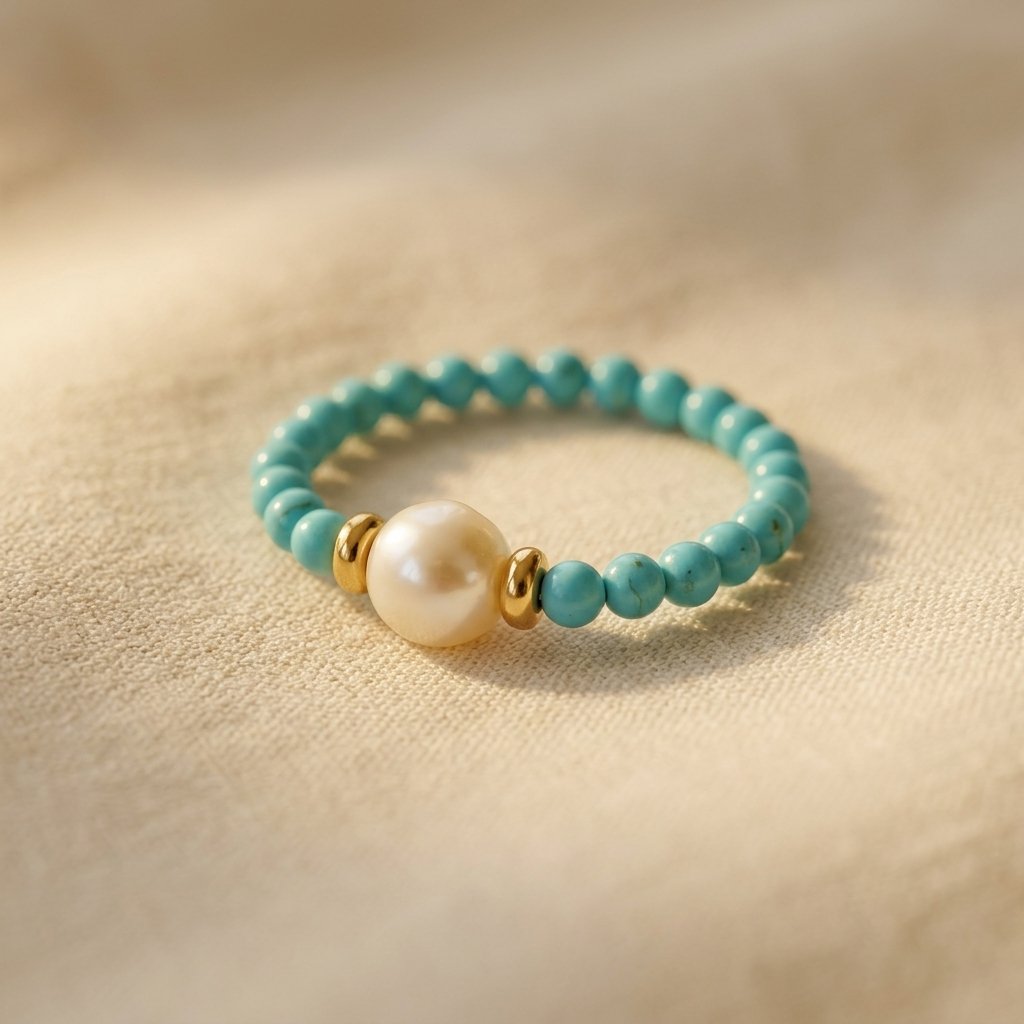 Vintage Gold Turquoise Pearl Beaded Ring