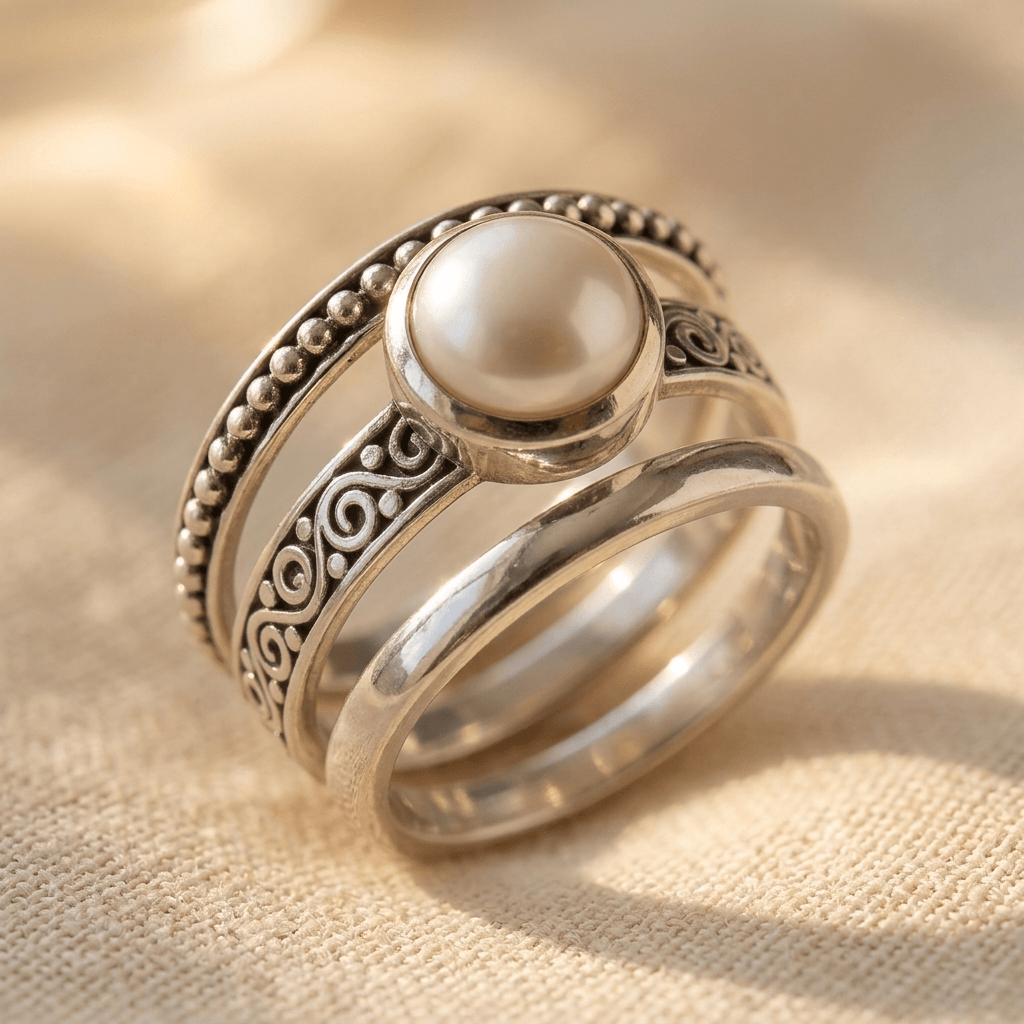 Bohemian Silver Pearl Beaded Ring