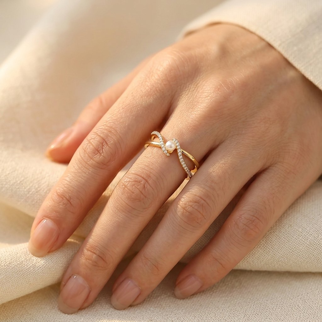 Gold Pearl Cubic Zirconia Twist Ring