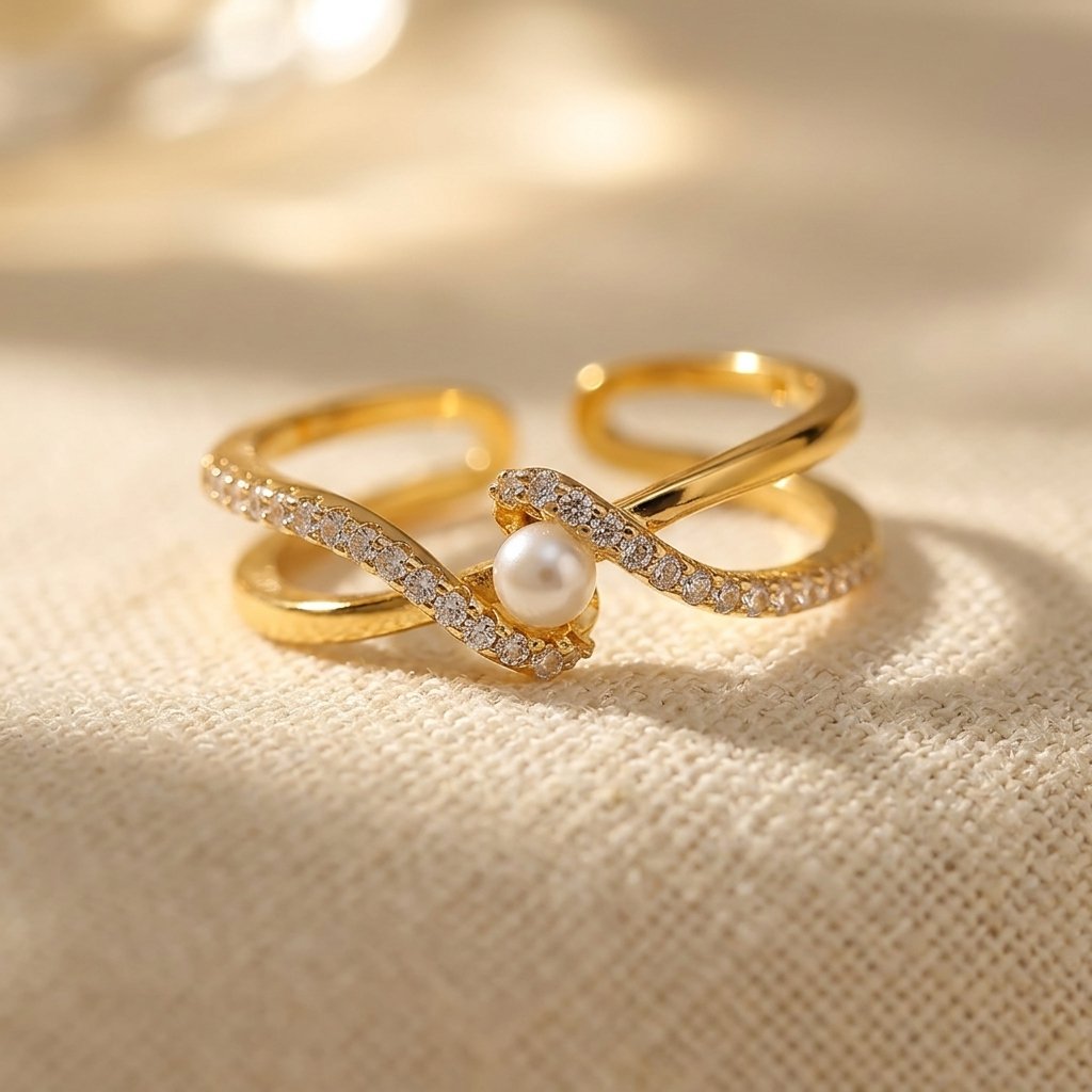 Gold Pearl Cubic Zirconia Twist Ring