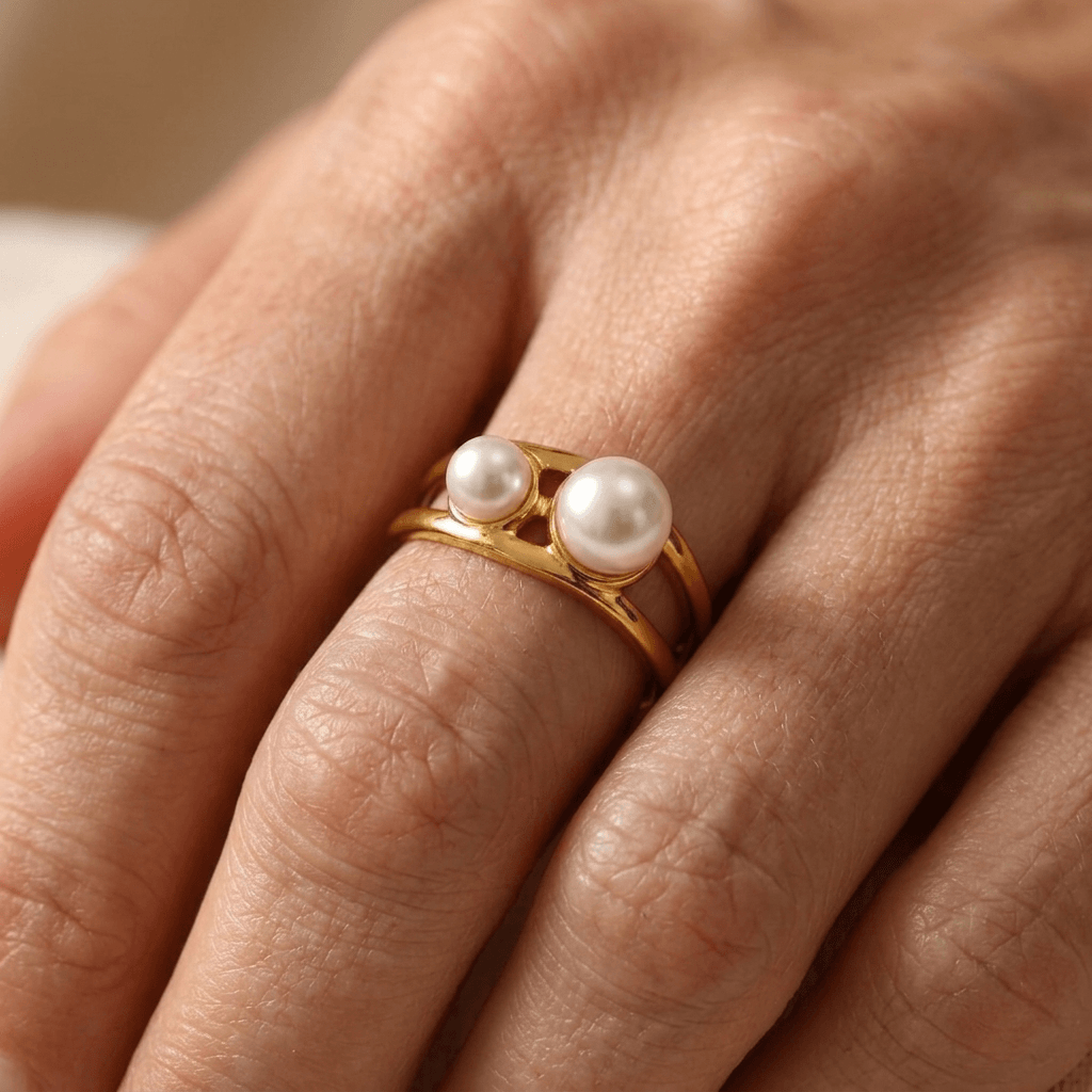Gold Dual Pearl Geometric Opening Ring
