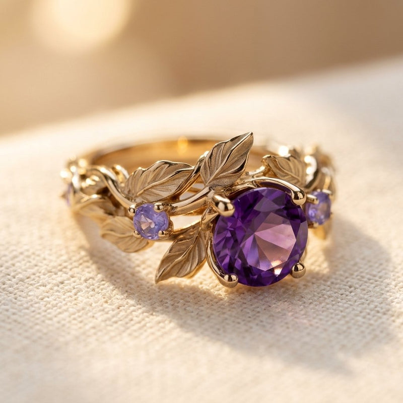 Botanical Gold Amethyst Leaf Vine Ring