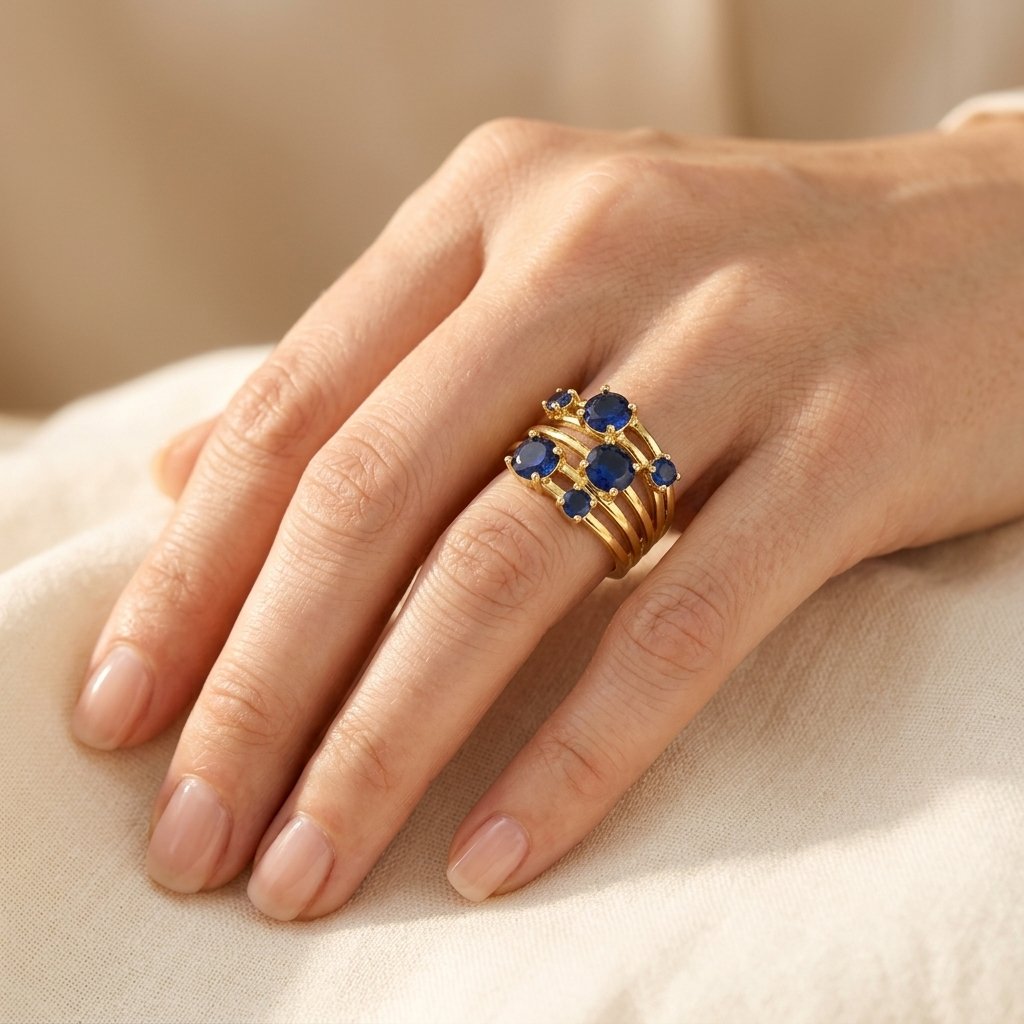 Stacked Gold Blue Sapphire Cluster Ring
