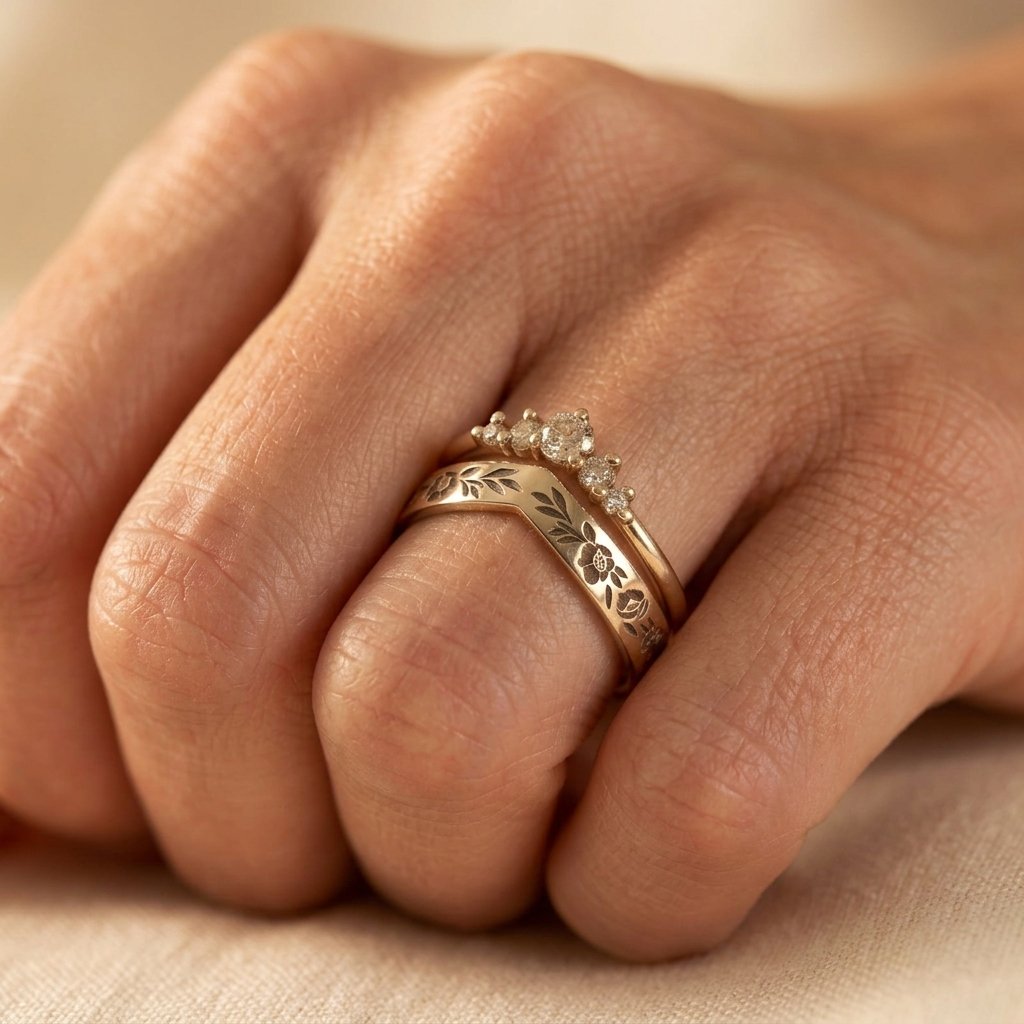 Vintage Gold Floral Filigree Round Cubic Zirconia Ring Set