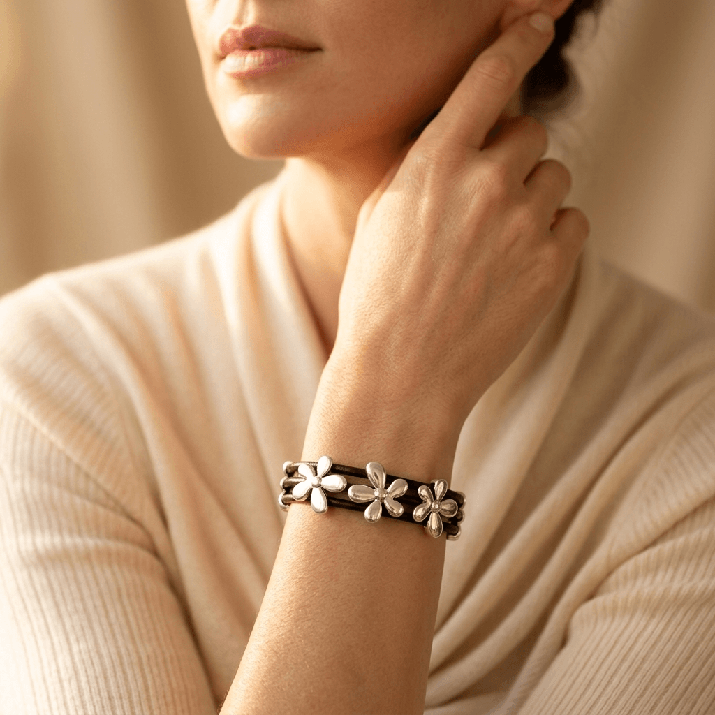 Silver Flower Charm Black Leather Bracelet