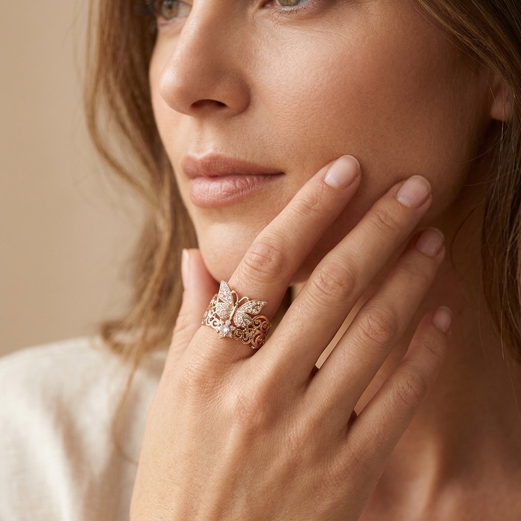 Vintage Gold Filigree Butterfly Zirconia Ring