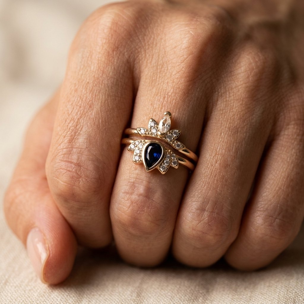 Vintage Gold Blue Sapphire Lotus Ring Set