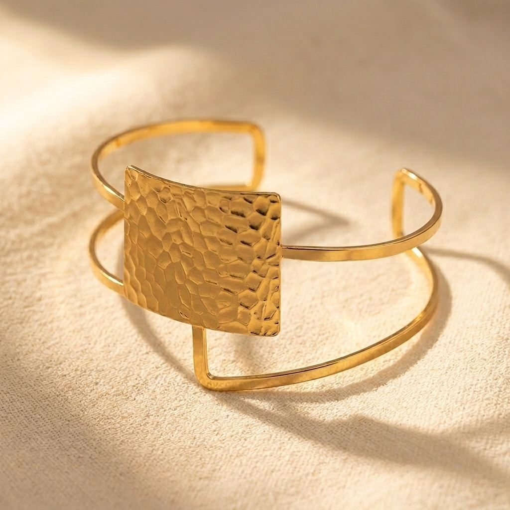 Gold Textured Square Open Cuff Bracelet