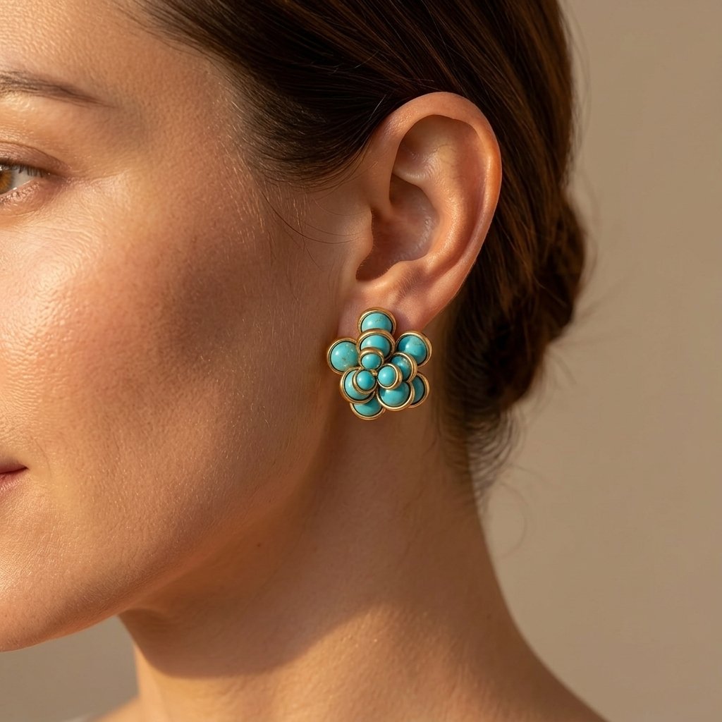 Retro Gold Turquoise Flower Earrings