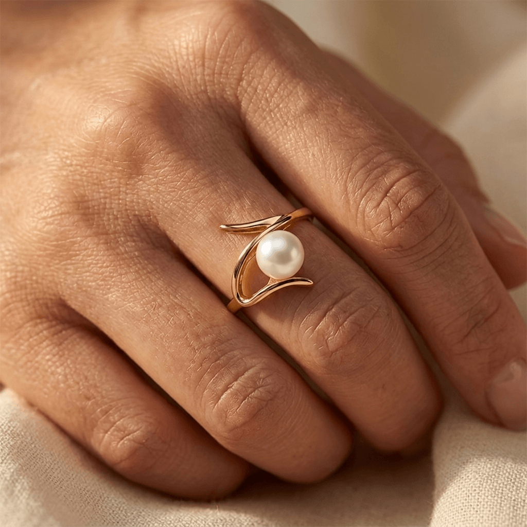 Gold Pearl Asymmetric Open Ring