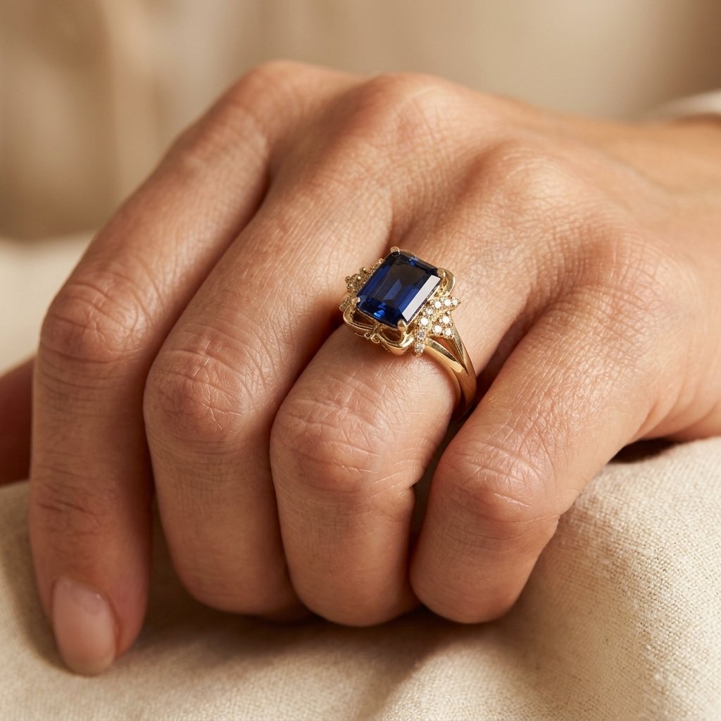 Vintage Gold Sapphire Emerald Cut Filigree Ring