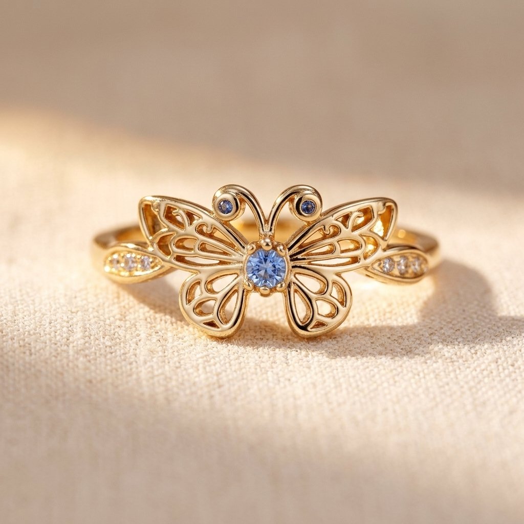 Vintage Gold Filigree Butterfly Blue Sapphire Ring