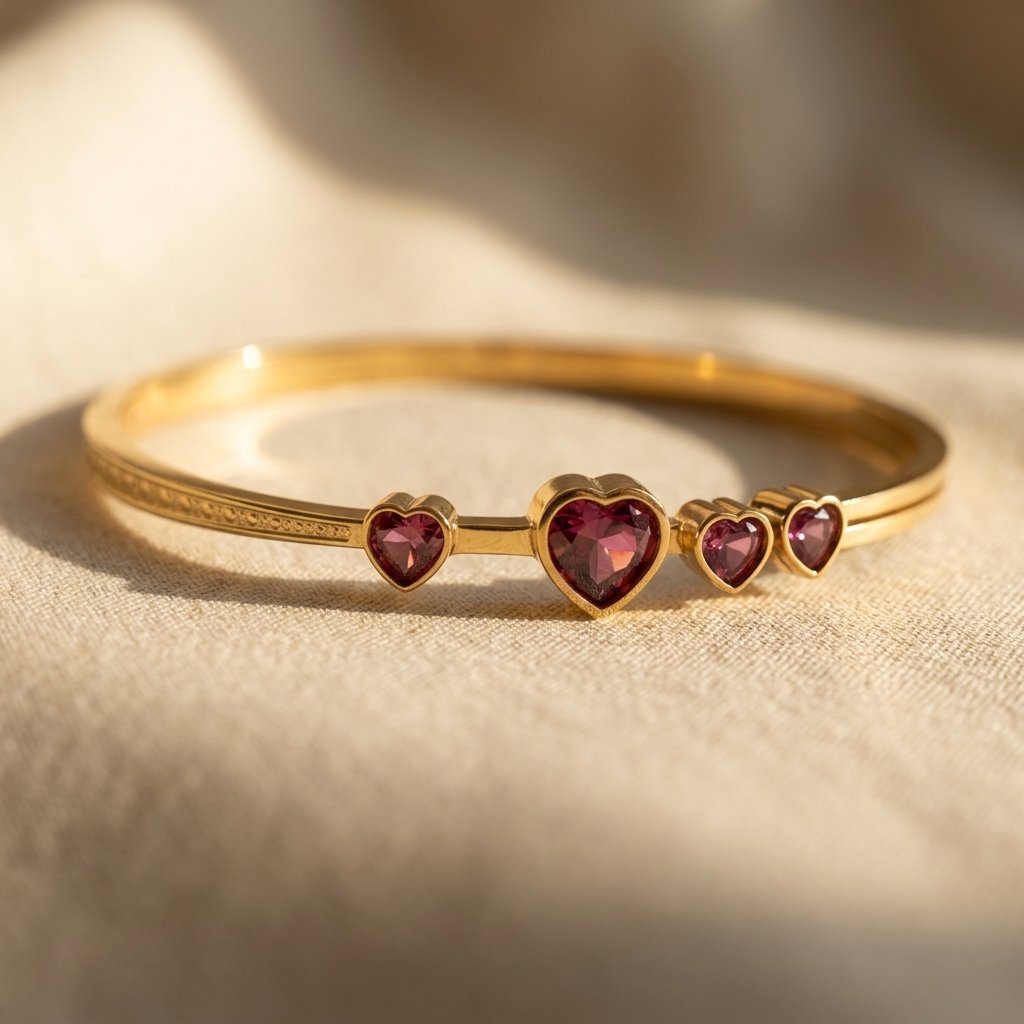 Gold Ruby Heart Filigree Bangle Bracelet