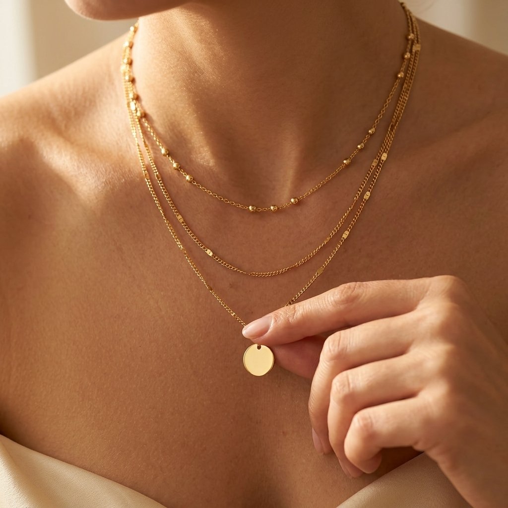 Gold Round Pendant Layered Chain Necklace