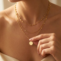 Gold Round Pendant Layered Chain Necklace