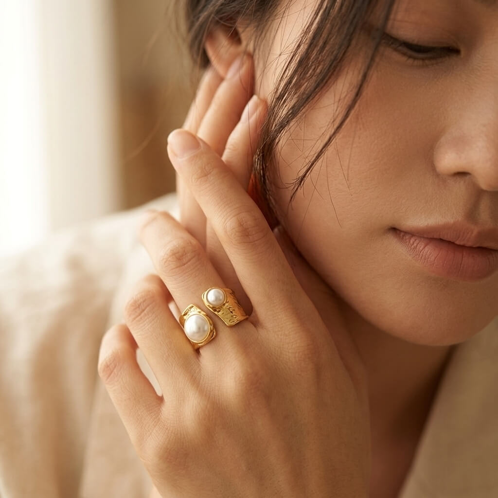 Gold Pearl Double Round Ring