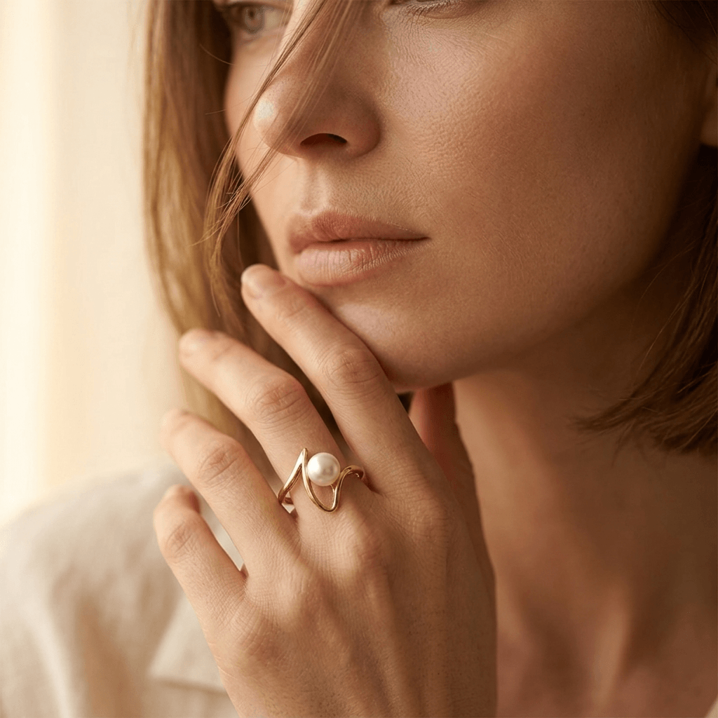 Gold Pearl Asymmetric Open Ring